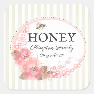Honey Bee Rustic Floral Striped Beige Square Sticker