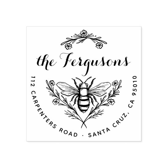 Honey Bee Rustic Script Family Name Return Address Rubber Stamp