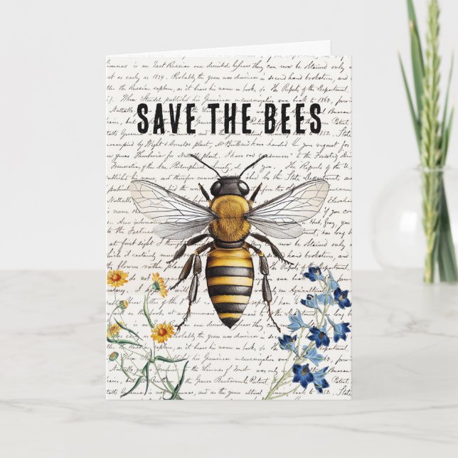 Honey Bee Save the Bees Script Flowers Card (Front)