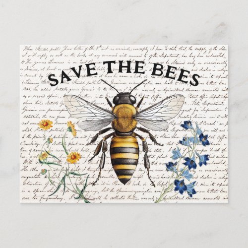 Honey Bee Save the Bees Script Flowers Postcard