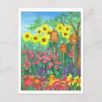Honey Bee Skep Sunflowers Watercolor Garden Postcard by CountryGarden at Zazzle