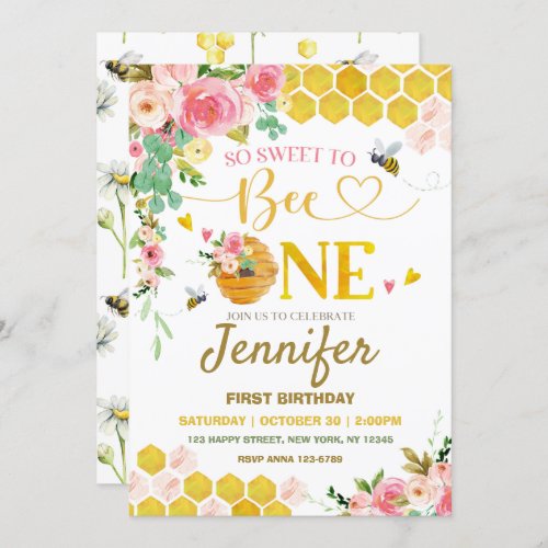 Honey Bee So Sweet to Bee One 1st Birthday Invitation