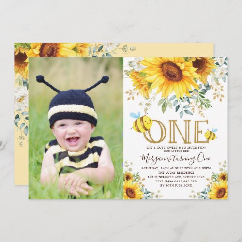 Honey Bee Sunflowers Summer Yellow Floral Birthday Invitation