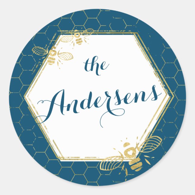 Honey Bee Teal Gold Custom Name Sticker Wedding (Front)