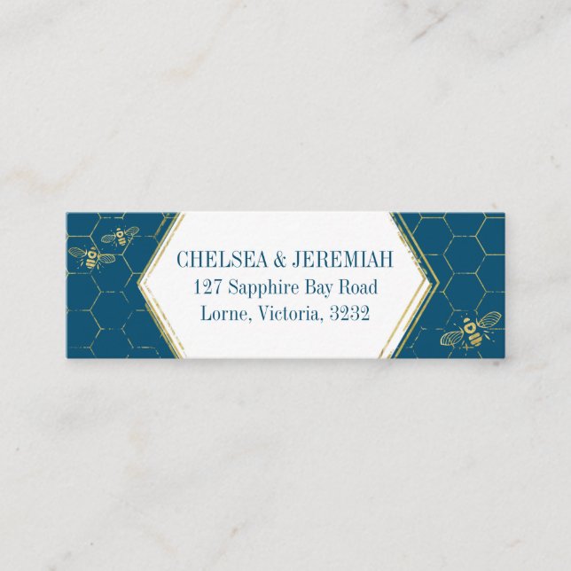 Honey Bee Teal Gold Pattern Custom Address Card (Front)