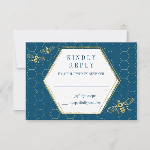 Honey Bee Teal Gold Pattern RSVP Card