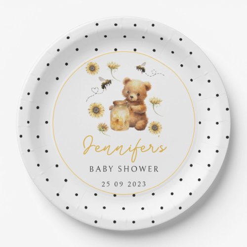 Honey bee teddy bear polka dots baby boy shower paper plates