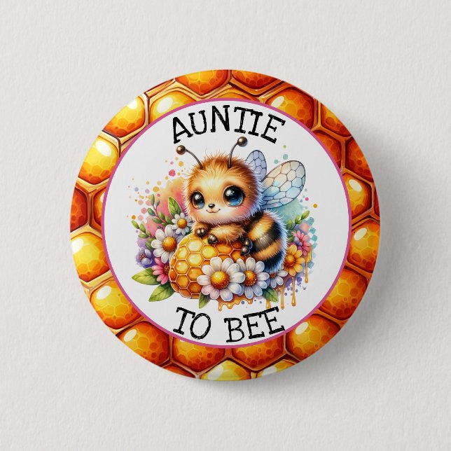 Honey bee themed Girl's Baby Shower Aunt to be Button (Front)