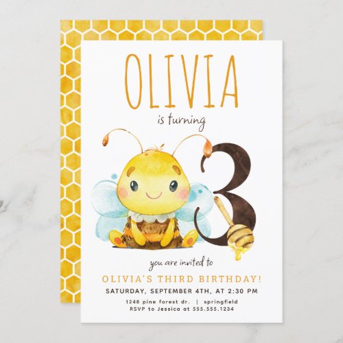 Honey Bee Third Birthday Invitation