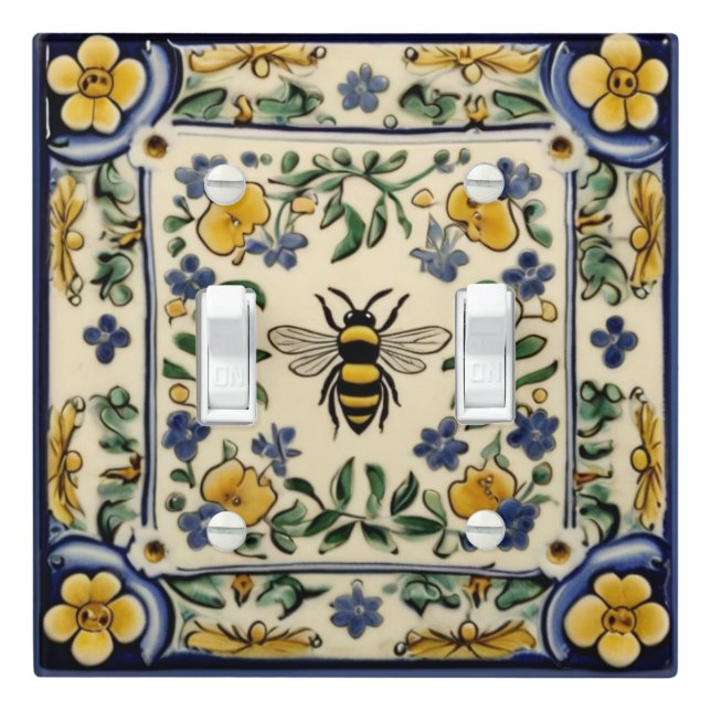 Honey Bee Traditional Blue Yellow Mediterranean Light Switch Cover (In Situ)