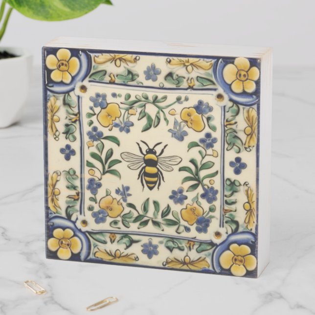 Honey Bee Traditional Blue Yellow Mediterranean Wooden Box Sign (In Situ Horizontal)
