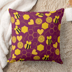 honey bee vintage sunflowers yellow floral throw pillow