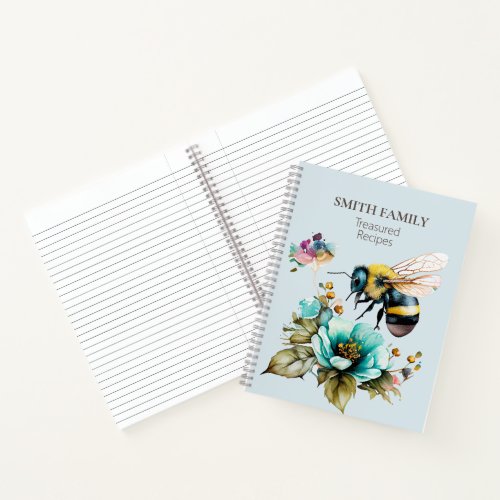 Honey Bee Watercolor Flowers Family Name Recipes Notebook