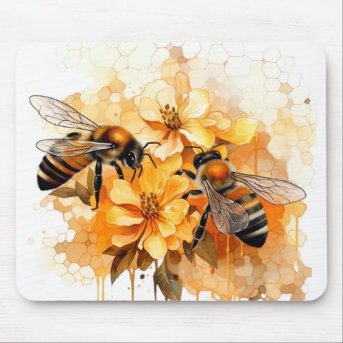 Honey Bee Watercolor Flowers Monogram Nature Mouse Mouse Pad
