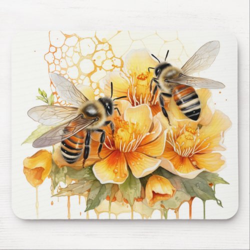 Honey Bee Watercolor Flowers Monogram Nature  Mouse Pad