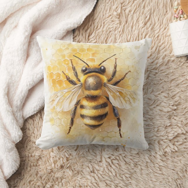 Honey Bee Watercolor Style Gold Beehive Honeybee Throw Pillow (Blanket)