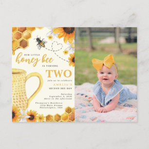 Honey Bee Watercolor Sunflower 2nd Birthday Photo Invitation Postcard