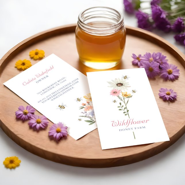 Honey Bee Watercolor Wildflowers Honey Farm Business Card (Honey Bee Watercolor Wildflowers Honey Farm Business Card Front & Back)