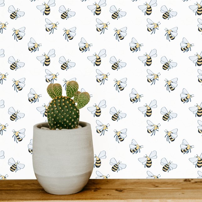 Honey Bee White Wallpaper (Pretty little yellow and  white honey bee pattern art wallpaper)