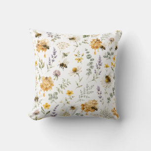 Honey Bee Wildflower Botanical Garden Nature Throw Pillow