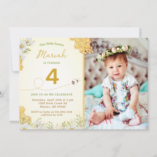 Honey Bee Wildflower Girl Birthday Party Photo Invitation