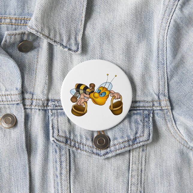 Honey Bee with Baskets Fun Busy Bee Illustration  Button (Creator Uploaded)