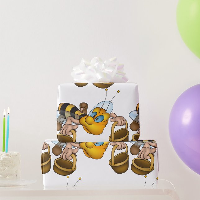 Honey Bee with Baskets Fun Busy Bee Illustration  Wrapping Paper (Creator Uploaded)