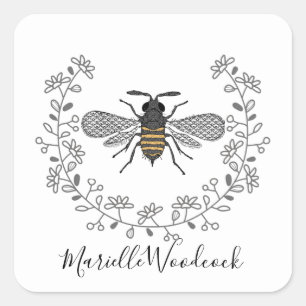 Honey Bee With Crown Laurel Logo Square Sticker