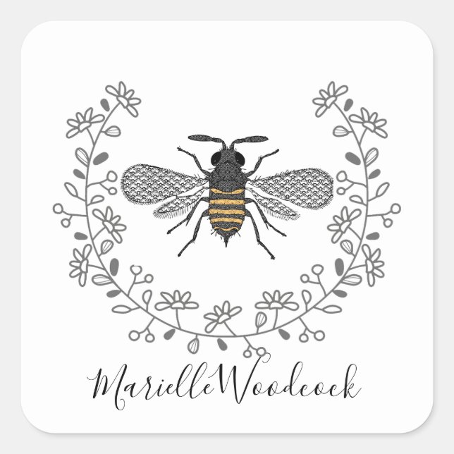 Honey Bee With Crown Laurel Logo Square Sticker (Front)