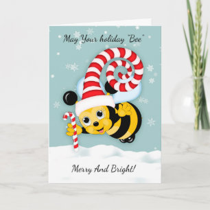 Honey Bee With Fun Holiday Hat And Candy Cane