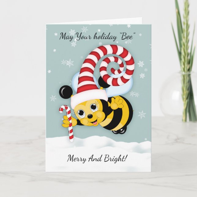 Honey Bee With Fun Holiday Hat And Candy Cane Card (Front)