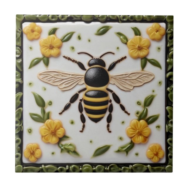 Honey bee with sweet yellow flowers floral ceramic tile (Front)