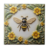 Honey bee with yellow flowers faux relief floral
