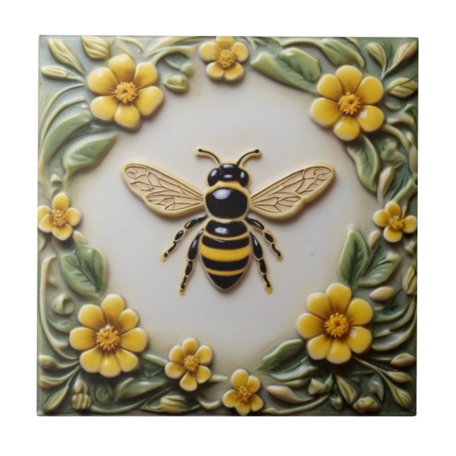 Honey bee with yellow flowers faux relief floral ceramic tile (Front)