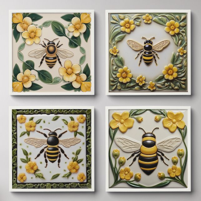 Honey bee with yellow flowers faux relief floral peel and stick photo tile (Front Set)