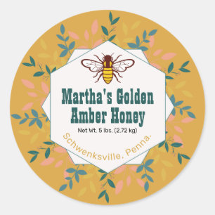 Honey Bee Wreath Light Amber Gold Honey Jar Classic Round Sticker