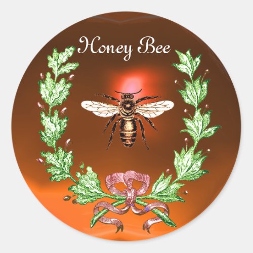 HONEY BEE WREATH WITH OAK LEAVES  AND RED RIBBON CLASSIC ROUND STICKER