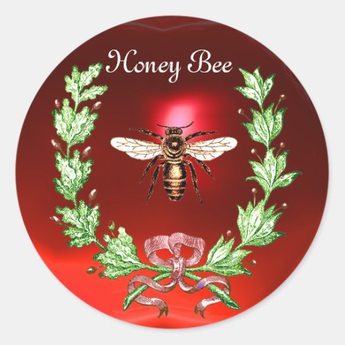 HONEY BEE WREATH WITH OAK LEAVES  AND RED RIBBON CLASSIC ROUND STICKER