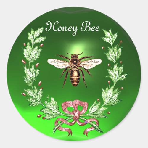 HONEY BEE WREATH WITH OAK LEAVES  AND RED RIBBON CLASSIC ROUND STICKER