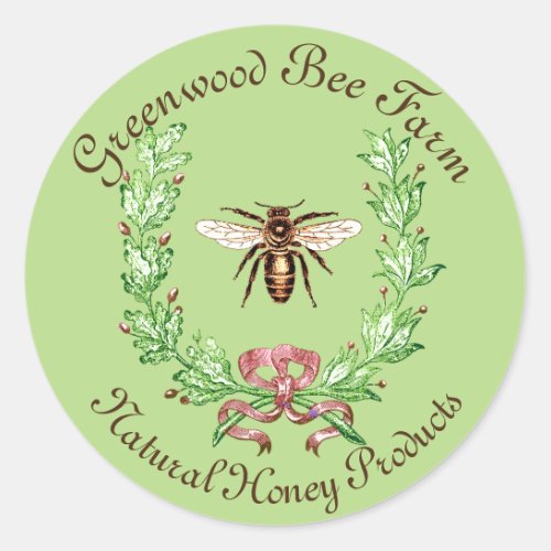 HONEY BEE WREATH WITH OAK LEAVES CLASSIC ROUND STICKER