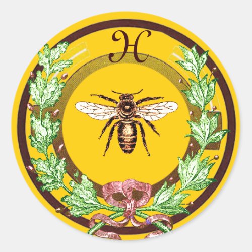 HONEY BEE WREATH WITH OAK LEAVES  MONOGRAM CLASSIC ROUND STICKER