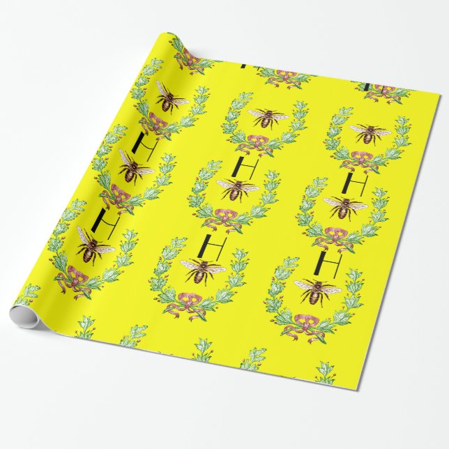 HONEY BEE ,WREATH WITH OAK LEAVES  MONOGRAM WRAPPING PAPER (Unrolled)