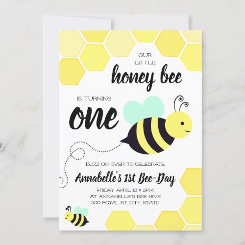 Honey Bee Yellow and Mint First Birthday Invitation