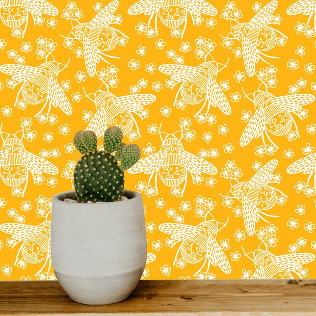 Honey Bee Yellow and White Wallpaper (Sunshine honey yellow and white honey bee pattern art wallpaper)