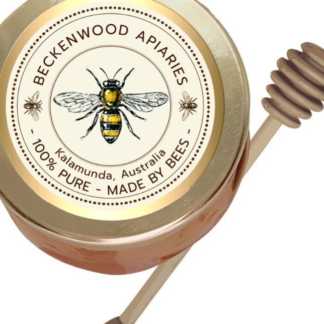 Honey Bee Yellow Beekeeper Apiary Gold Border Classic Round Sticker (Creator Uploaded)