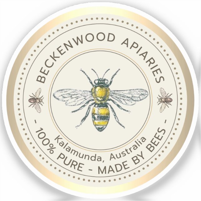 Honey Bee Yellow Beekeeper Apiary Gold Border Sticker (Front)