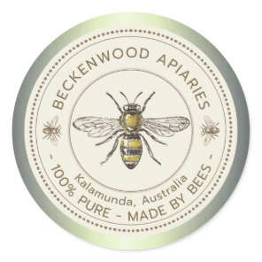 Honey Bee Yellow Beekeeper Apiary Green Border Classic Round Sticker