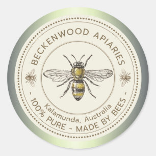 Honey Bee Yellow Beekeeper Apiary Green Border Classic Round Sticker
