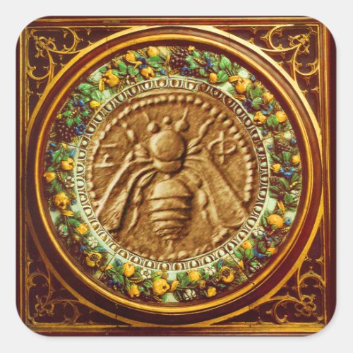 HONEY BEE  YELLOW GREEN FLORENTINE FLORAL CROWN SQUARE STICKER