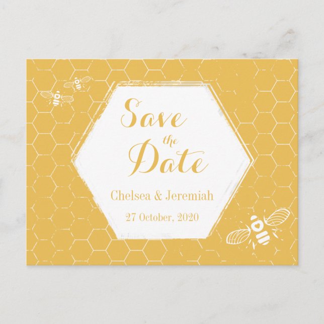 Honey Bee Yellow Pattern Save the Date Postcard (Front)